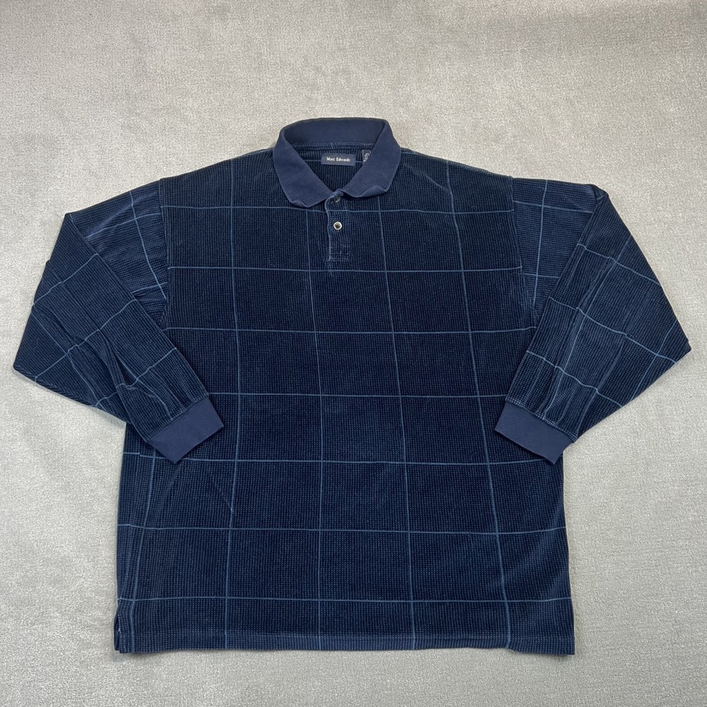 Marc Edwards Polo Shirt Mens Large Navy Blue Windowpane Velour Corduroy Retro